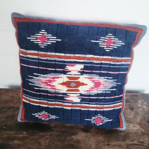 Vintage Southwestern Handmade Crewel Art Accent Pillow 13" X 13" - Picture 7 of 7